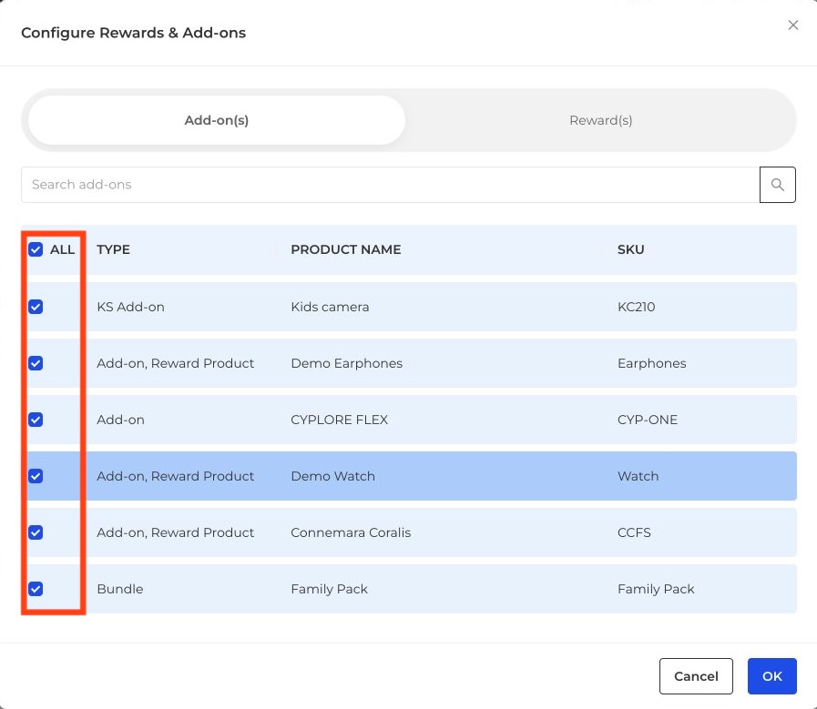 Configure Rewards and Add-ons shipping dialog with applicable-item checkboxes outlined in red