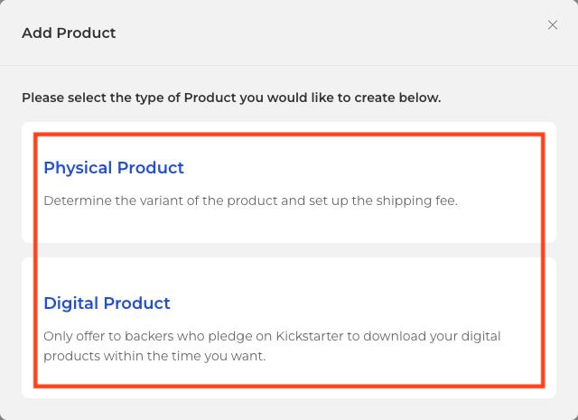 Add Product dialog with Physical Product and Digital Product choices outlined in red