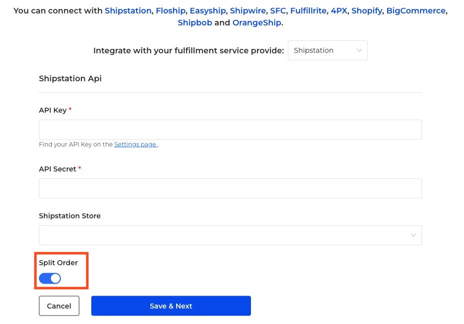 ShipStation connection form with Split Order outlined in red