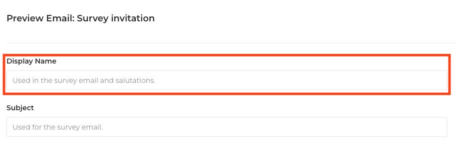 Survey invitation Display Name field outlined in red above Subject