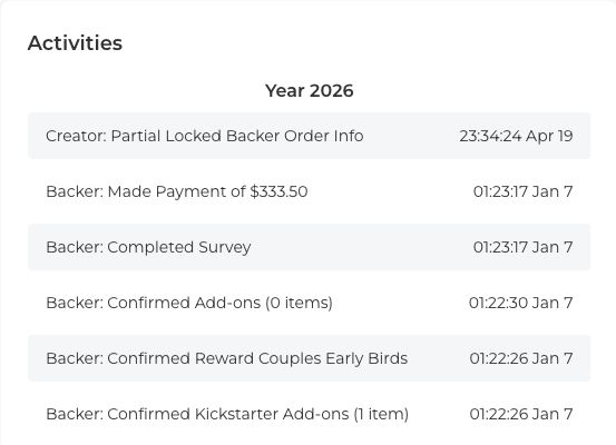 Activities section on the order details page