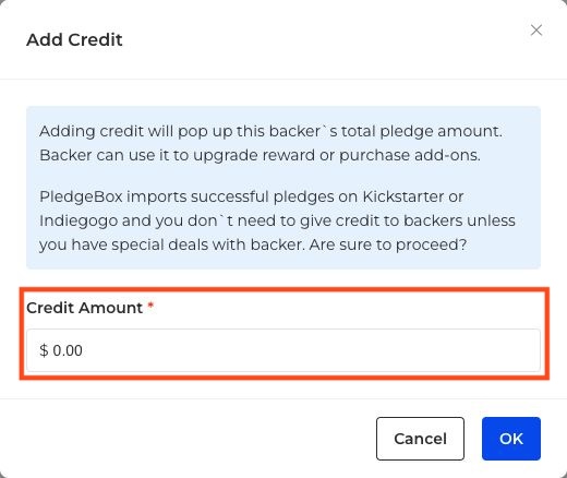 Add Credit dialog with Credit Amount outlined in red
