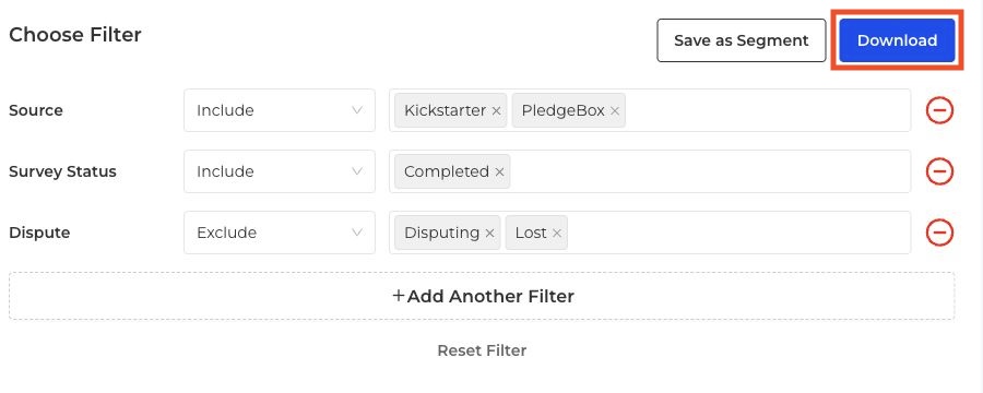 Download Center filters with the Download button outlined in red