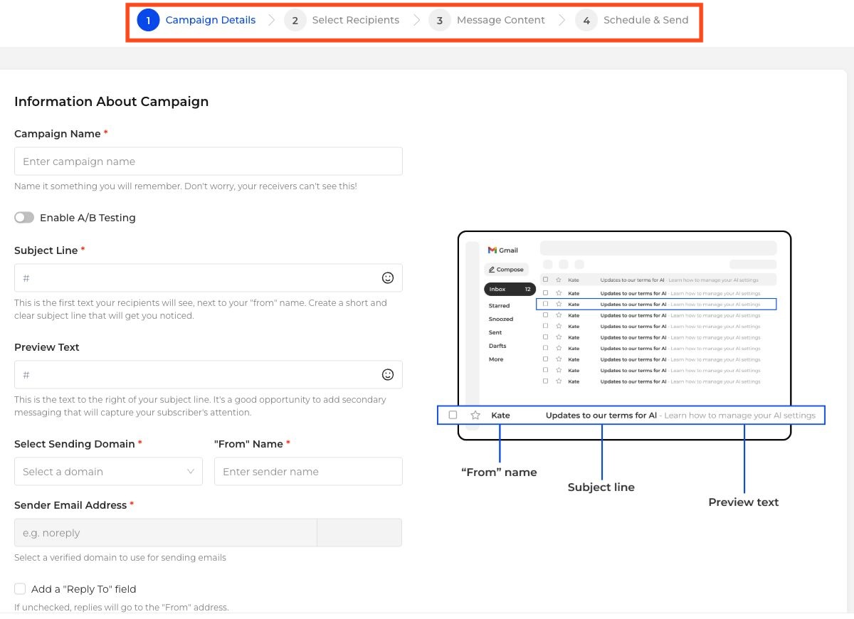 Email Marketing campaign editor with the four creation steps outlined in red