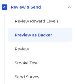 Review and Send menu with Preview as Backer selected