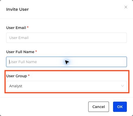 Invite User dialog with User Group outlined in red.