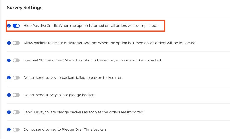 Survey Settings with Hide Positive Credit outlined in red