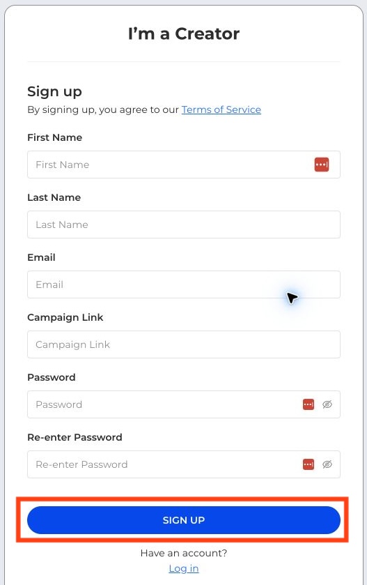 Creator sign-up form with SIGN UP button outlined in red