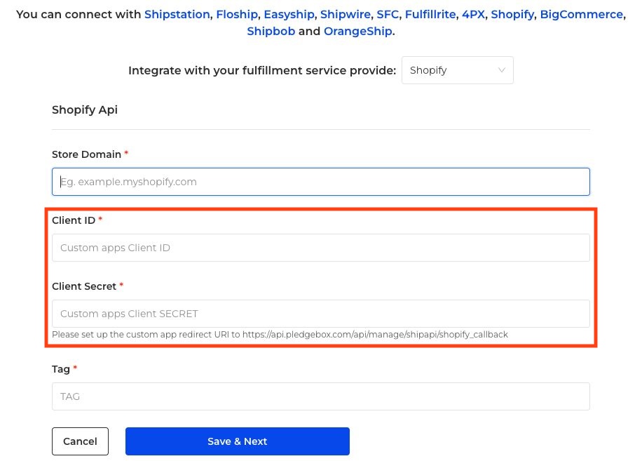 Add Fulfillment form showing Shopify selected and its connection fields outlined in red