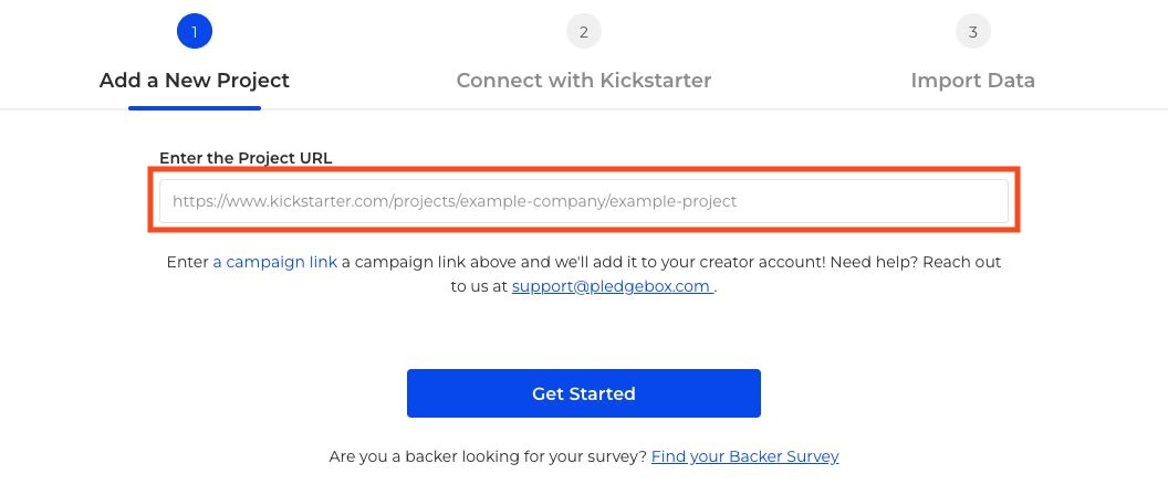 Kickstarter project connection wizard with project URL field outlined in red