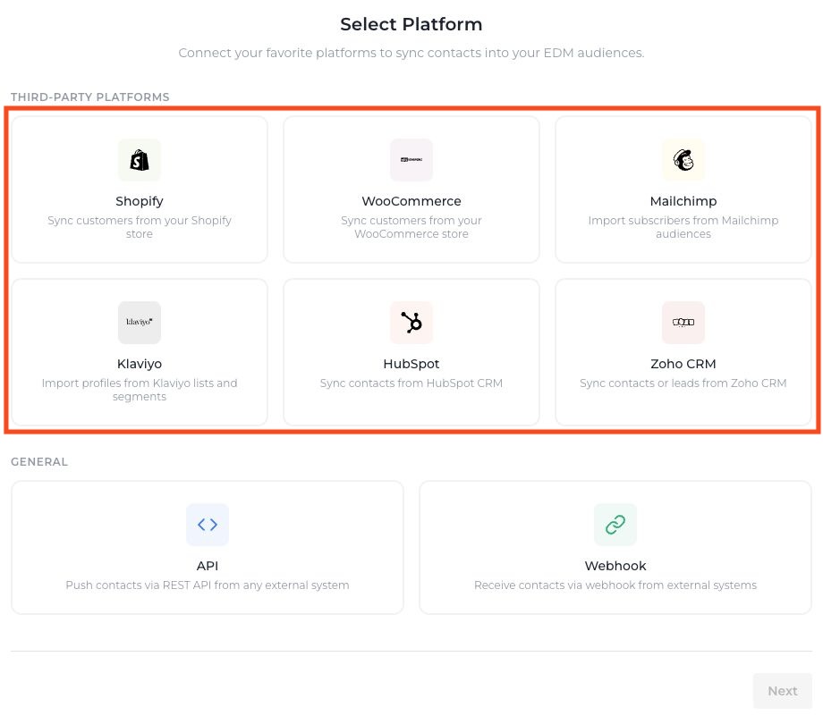 Email Marketing platform selector with six third-party platforms outlined in red