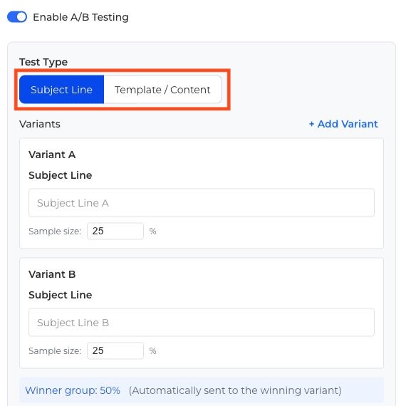 Email subject and content test options outlined in red