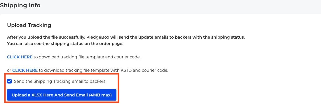 Shipping Info screen. Red outline highlights the shipping-email checkbox and XLSX upload button.