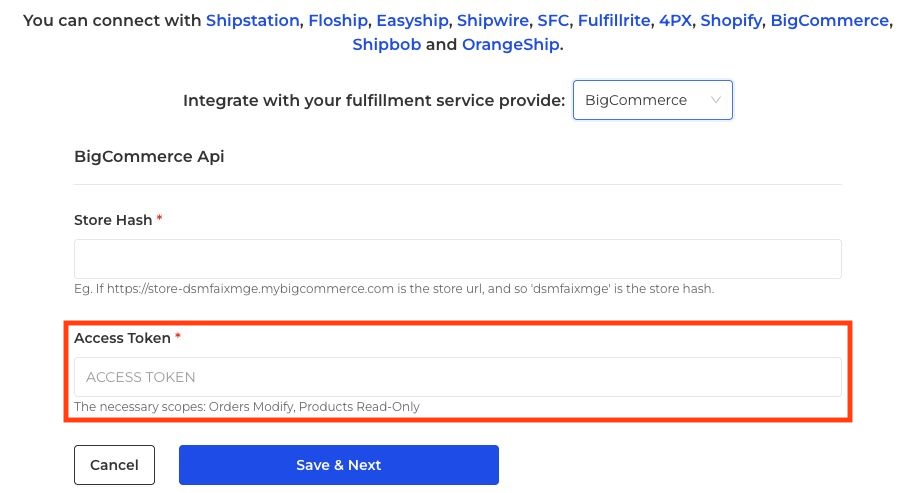 BigCommerce connection with Access Token and required scopes outlined in red