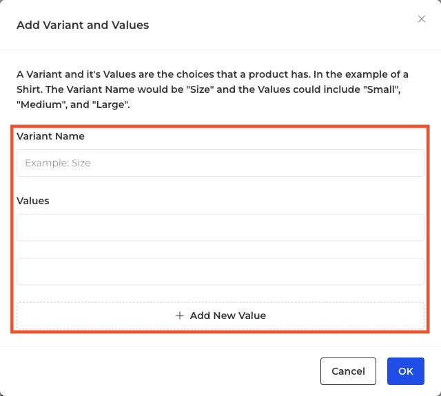 Add Variant and Values dialog with Variant Name Values and Add New Value outlined in red